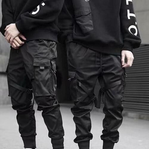 Men Trousers Solid Color Multi Pockets Slim Ankle Tied Mid Rise Pockets Cargo Pants for Spring Black Trousers Male Casual Pants