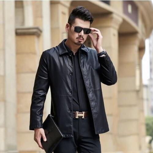 Black mens leather jacket lapel slim motorcycle coat men jackets Mid-length clothes personalized jaqueta de couro street fashion