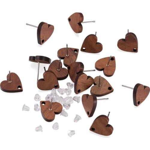 40pcs/set Wood Heart Stud Earring Findings Accessories With Alloy Platinum Pin Plastic Ear Nuts For DIY Jewelry Making