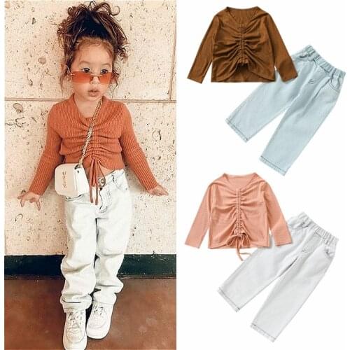 1-6Y Kids Girls Clothes 2021 Autumn Children Long Sleeve Solid Color Knit Drawstring Tops + Denim Pants Fashion Baby Outfits