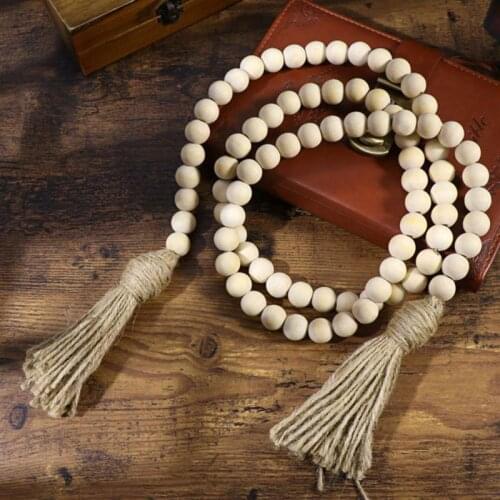 European Wood Bead Garland with Tassels Farmhouse Beads Rustic Country Decor Kid Room Wall Hanging Ornament Home Decor 1