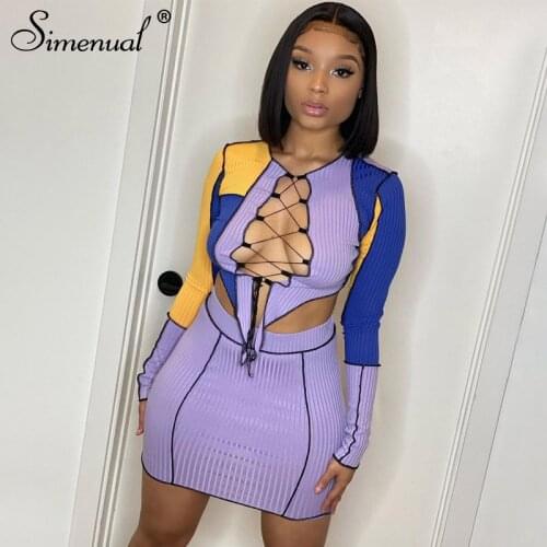 Simenual Knit Ribbed Patchwork Matching Sets Lace Up Long Sleeve Asymmetrical Top And Skirt Two Piece Outfits Skinny Partywear