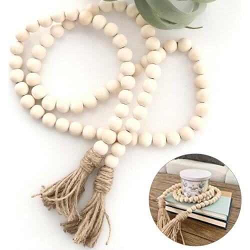 Nordic Wood Bead Garland with Tassels Farmhouse Beads Rustic Country Decor Kid Room Wall Hanging Ornament Home Decor