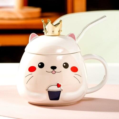 New Cute Cup Ceramic Mug Creative Couple Water Cup Cartoon Large Capacity Milk Coffee Cup With Lid Spoon Straw Gift giving