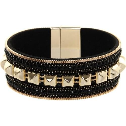 ORNAPEADIA Retro Fashion Bracelets for Women Bohemian Rivet Chain Wide Side Bracelet Wholesale Jewelry Leather Bangles