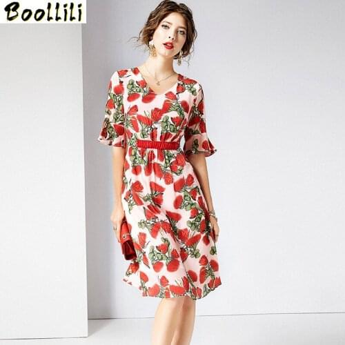 Boollili Real Silk Dress Women Summer Dress Korean Fashion Print Midi Beach Dress Vintage Party Dress Vestidos Mujer