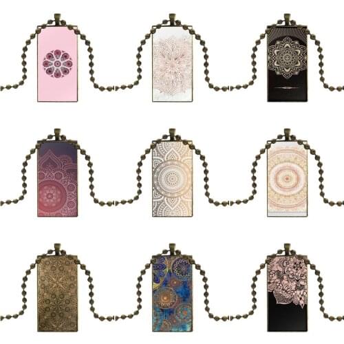 Rose Gold Mandala Fashion Glass Cabochon Necklace With Women Statement Pendant Rectangle Necklaces Jewelry For Women Kids