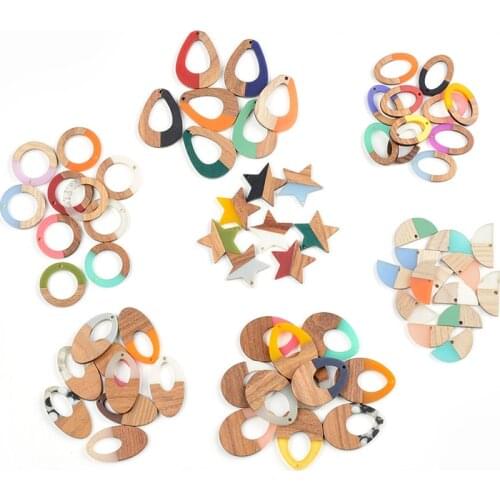 10PCS Star Round Oval Personality Wood And Resin Stitching Irregular Pendant Earrings For Woman Material Jewelry Accessories