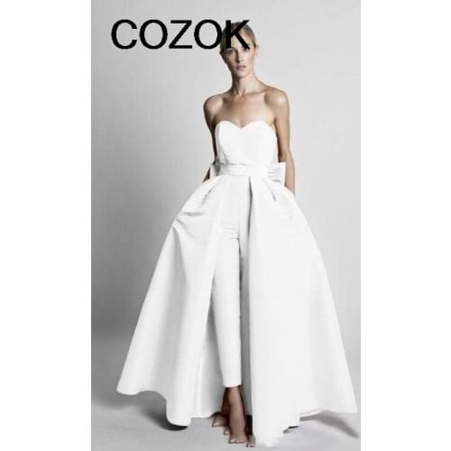 Modest Jumpsuit Wedding Dresses with Detachable Train 2021 Strapless Big Bow Summer Holiday Beach Bridal Reception Pant Suit