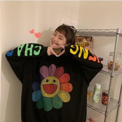 Harajuku Smiley Graffiti Round Neck Oversize Sweatshirt Men and Women Stanger Things Loose Hip Hop Hoodies Hip Hop Casual Hoody