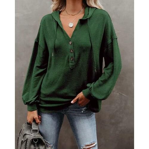 Hoodies Womens Clothing 2021 Casual Spring Autumn Solid Color Hooded Button V-Neck Long Sleeve Sweatshirts Woman Loose Y2K Tops