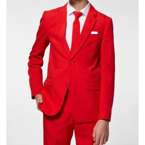 Spring Custom Fashion Handsome Red Boy Men Suits Slim Fit Groomsmen Tuxedo For Wedding Dress Dinner Male Clothing (Jacket+Pants)