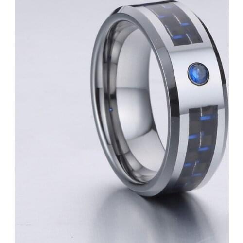 Handmade blue carbon fiber 8mm tungsten ring with stone Marriage wedding band couple rings for men and women