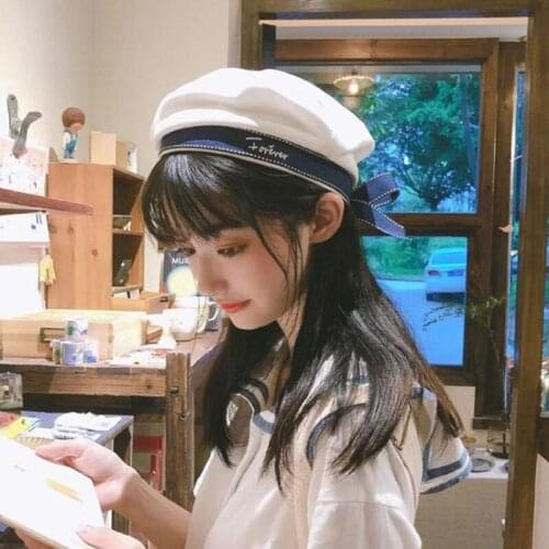 Japanese Cute Jk Female Hat Fashion Ribbon Bow Beret Letter Embroidery Winter Hat Retro Female Beret Navy Hat