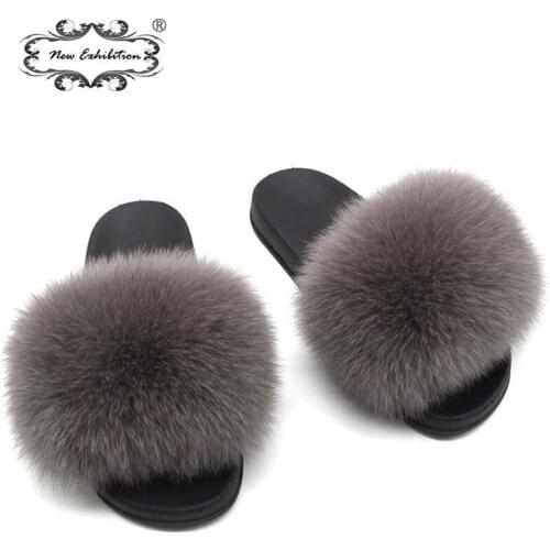 New exhibition Women Fur Slippers Summer Home Fluffy Furry Slipper Ladies Cute Fox Hair Slippers Flats Hot Womens shoes Pantufas