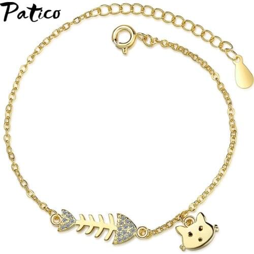 925 Sterling Silver Bracelets For Women Girl Cute Lovely Cat Eating Fish Charm Natural Bracelet Birthday Gift Jewelry