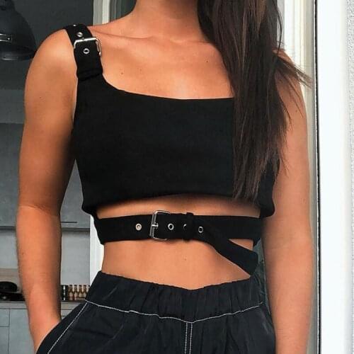 Sexy Black Hollow Out Buckle Tank Top Women Cropped Streetwear Backless Tank Tops 2019 Summer Fashion Be free Crop Top Woman