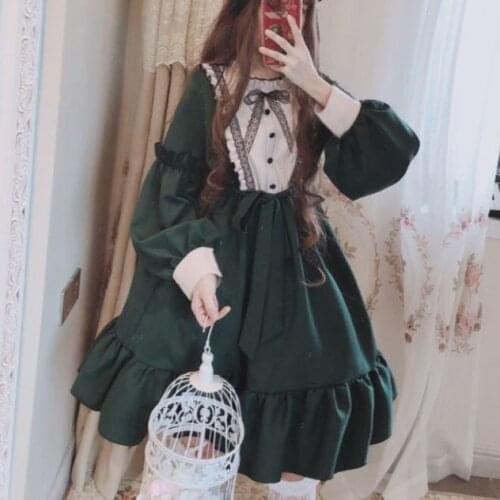 COOLFEL Kawaii Women Lolita Dress Flouncing Lace Trim Japanese Harajuku Short Puff Sleeve Doll Teen Dress
