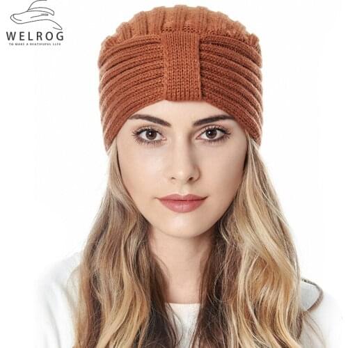 WELROG Winter Cap Knit Turban Womens Winter Warm Knit Turban Hair Wrap Casual Solid Color Hat