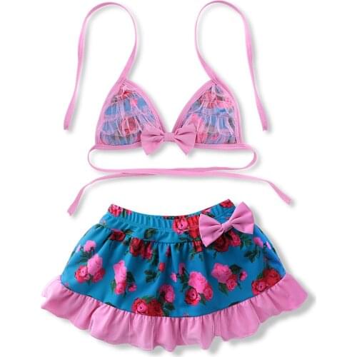 2017 Two Pieces Bikini Set Girls Flower Bow-Knot Bikini Skirt Bathing Suit Girls Child Swimsuit Tulle Mesh Halter Swimwear 2-8Y