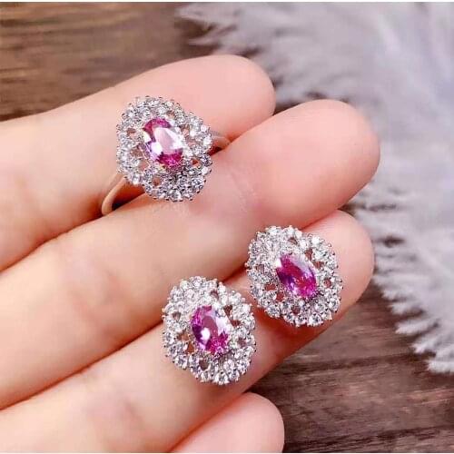 925 Silver Jewelry set Natural Pink Sapphire Earring Ring sets Women Jewelry
