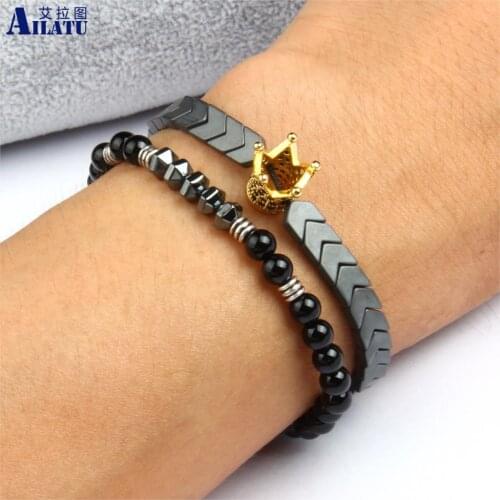 Ailatu Brand Micro Pave Black Cz Gold Color Crown Macrame Bracelet Hematite Stone Beads Gift for Fashion Men