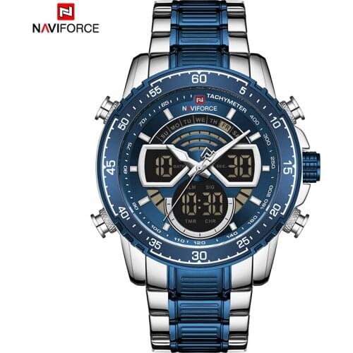 NAVIFORCE Mens Watches Stainless Steel Strap Dual Time Led Shock Resistant Casual Fashion Date Display Creative Male Wrist Watch