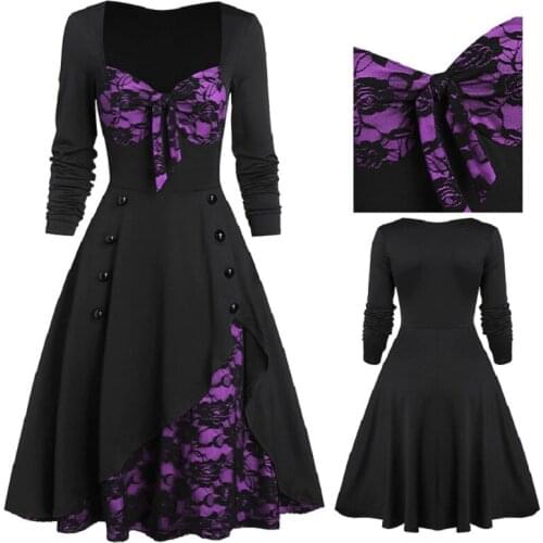 Women Plus Size Dress Halloween Lace Insert Button Bowknot Dress Gothic Medieval Dresses