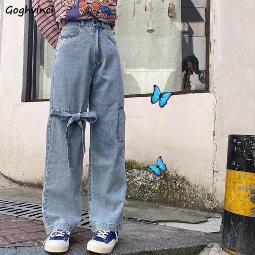 Jeans Women Bow High-waist Straight Vintage Baggy Trousers All-match Wide-leg Denim Stylish Street-wear Casual Fashion Mopping
