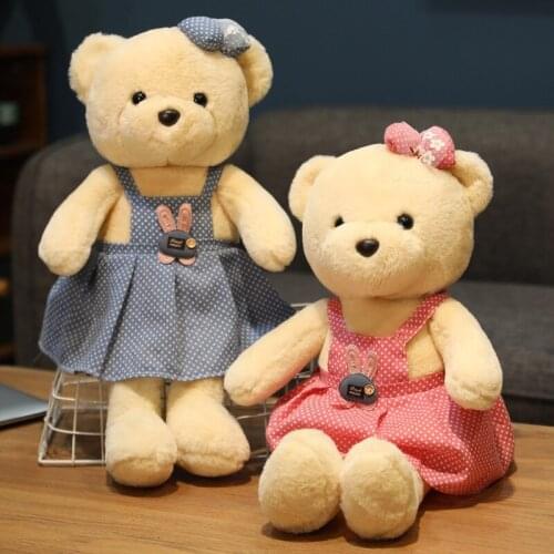 Cute Bear Fluffy Stuffed Soft Animals Kawaii Teddy Bear Wear Dress Plush Toys Pink Blue Birthday Christmas Gift for Girl
