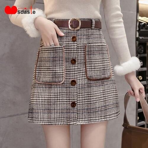 High Waist Woolen Mini Skirts For Women Casual Female Plaid Skirt A Line Button Design Lady Short Skirts Korean Style Autumn
