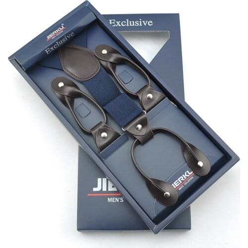 Fashion Buttonhole 6 Leather Clip on 35mm wide Suspenders for Men Male Quality Gift Box 6 Solid colors Suspender Elastic Braces