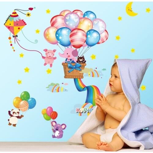 Cartoon Animals Hot Air Balloon Wall Stickers for Kids rooms Baby room Nursery Wall Decor Vinyl Decals Home Decor Eco-friendly