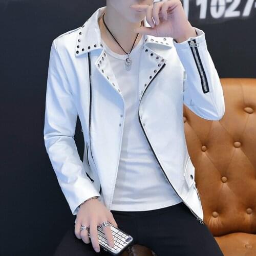 2021 Mens New Casual Oblique Zipper Lapel Leather Jacket Youth Rivet Short PU Leather Jacket