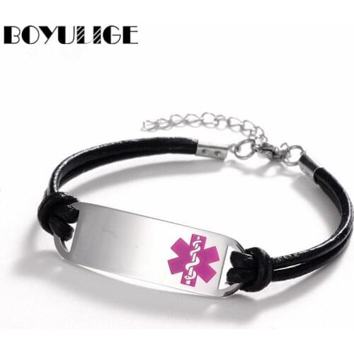 BOYULIGE High Quality Simple Leather & Stainless Steel Men Bracelet Medical Alert ID Tag Engrave BraceletS For Women Adjustable