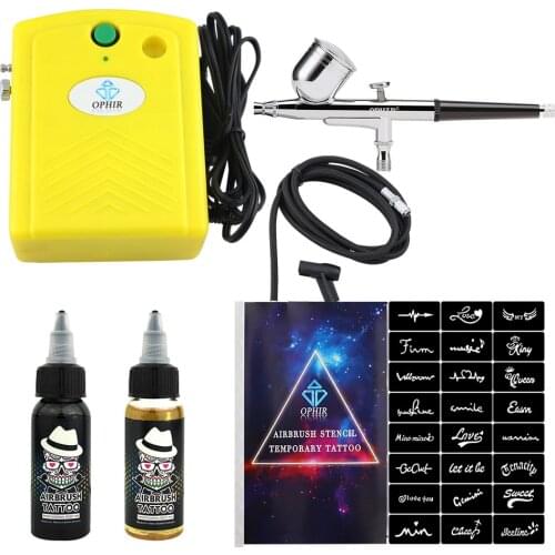 OPHIR Airbrush Kit with Air Compressor 20 Stencils Black Ink Finalized Ink for Body Painting Temporary Body Art Tattoo _OP-BP004