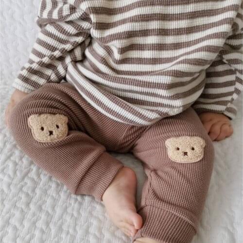 2021 Autumn New Cotton Baby Pants Cute Bear Leggings For Boys And Girls Waffle Trousers Infant Toddler Harem Pants