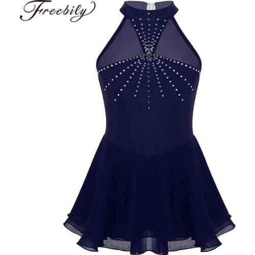 Kids Teens Sleeveless Halter Sparkly Rhinestones Mesh Splice Figure Skating Dress Girls Ballet Gymnastics Leotard Dance Wear