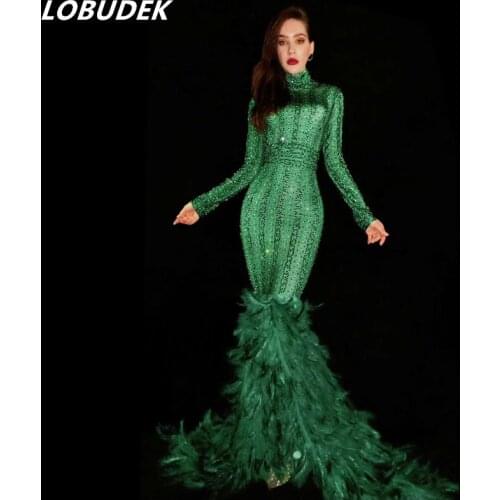 Christmas one-piece Shiny Rhinestones nightclub Long tail Feather Dress nightclub costumes prom singer dancer party Dresses