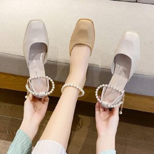 One Word Buckle Shallow Mouth Ladies Single Shoes Summer New Style Temperament Square Toe High Heels All-Match Baotou Sandals