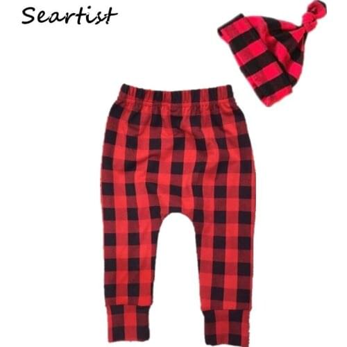 Seartist Baby Girls Boys Christmas Clothing Set Pants+Hat Headband Baby Girl Boy Red Plaid X'mas Clothes Kids Leggings Pants 48