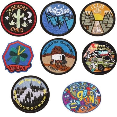 Fine Round Oil painting Cactus Camping Embroidered Appliques Iron On Mount Tower Patches Diy Night View Badges