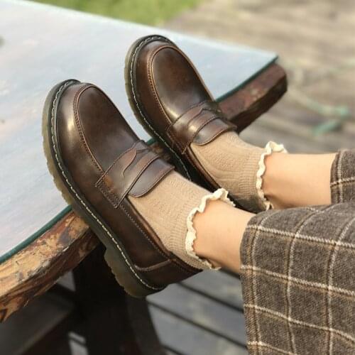 Retro British Oxford Shoes for Women Genuine Leather Shoes Women Flats Slip on Flat Shoes Woman Round Toe Women Loafers Oxfords