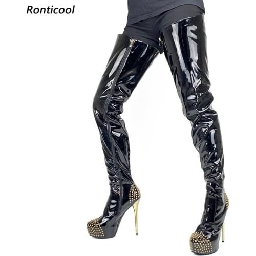 Ronticool Italian Women Platform Thigh Boots Patent Leather Studs Stiletto Heels Round Toe Black Night Club Shoes Us Size 5-20