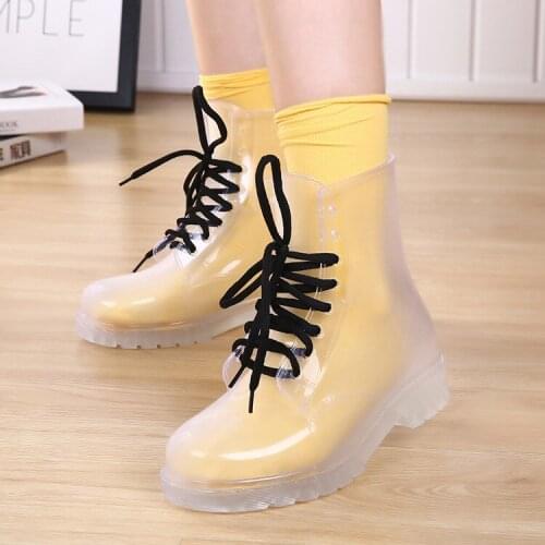 Women Rain Boots Mature Lady Lace Up Waterproof Lady Shoes Transparent Candy Colors Ankle Outdoor Girls Shoes 699