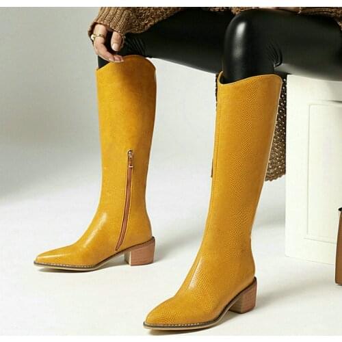 2021 Big Size 34-43 Knee High Boots Thick Heels Pointed Toe Winter Boots Comfortable PU Leather Women Boots Black Silver Yellow