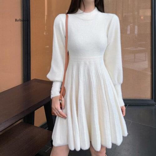 Women Beige Knitting Temperament Dress New Stand Collar Long Sleeve Loose Fit Fashion Tide Spring Autumn