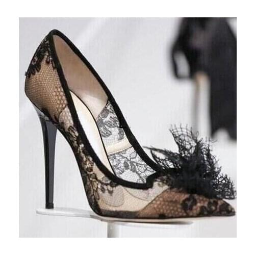 Sexy lady black lace pointed toe high heel shoes real photo large size custom make black lace woman high heels