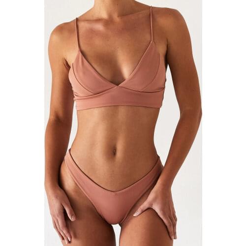 Female Bra+Thong Swimsuit Brazilian Beachwear Summer Push Up Swimwear Women Bikinis Set Brief Style Solid Color Bathing Suit