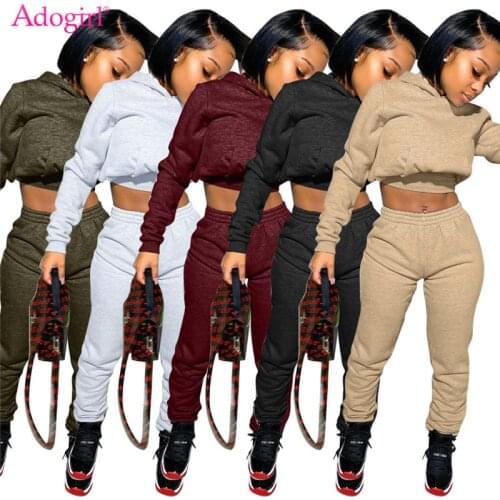 Adogirl Women Solid Sweater Two Piece Set Long Sleeve Hooded Sweatshirts Elastic Waist Sports Pants Autumn Winter Jogging Suit